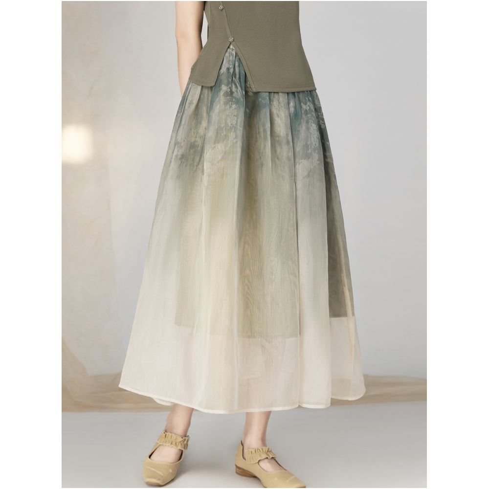 Yyan New Chinese Ink Gradient Half Skirt 2024 New Summer High Waist Green Hundred Fold Half Skirt for Women image 16