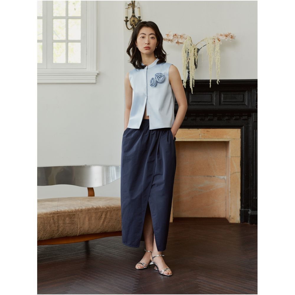 YUANYE handmade rose decoration original custom fabric blue new Chinese style standing collar vest spring and summer image 2
