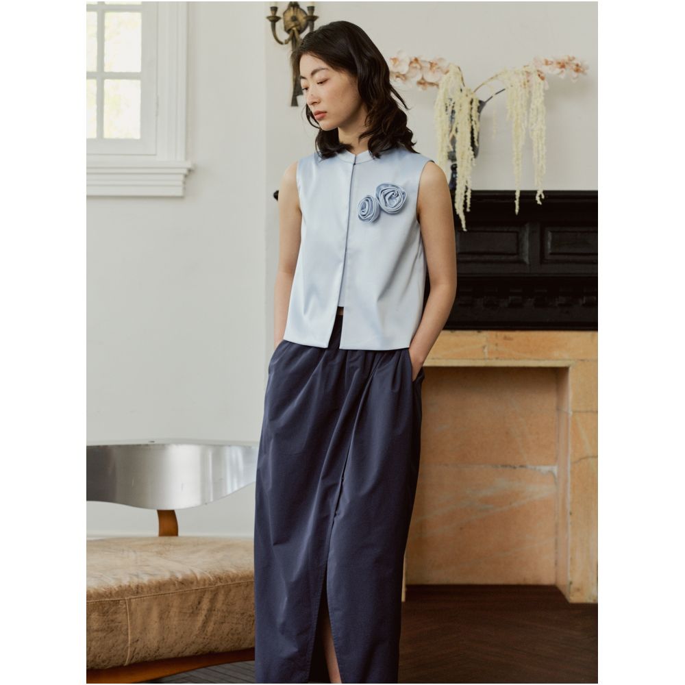 YUANYE handmade rose decoration original custom fabric blue new Chinese style standing collar vest spring and summer image 3
