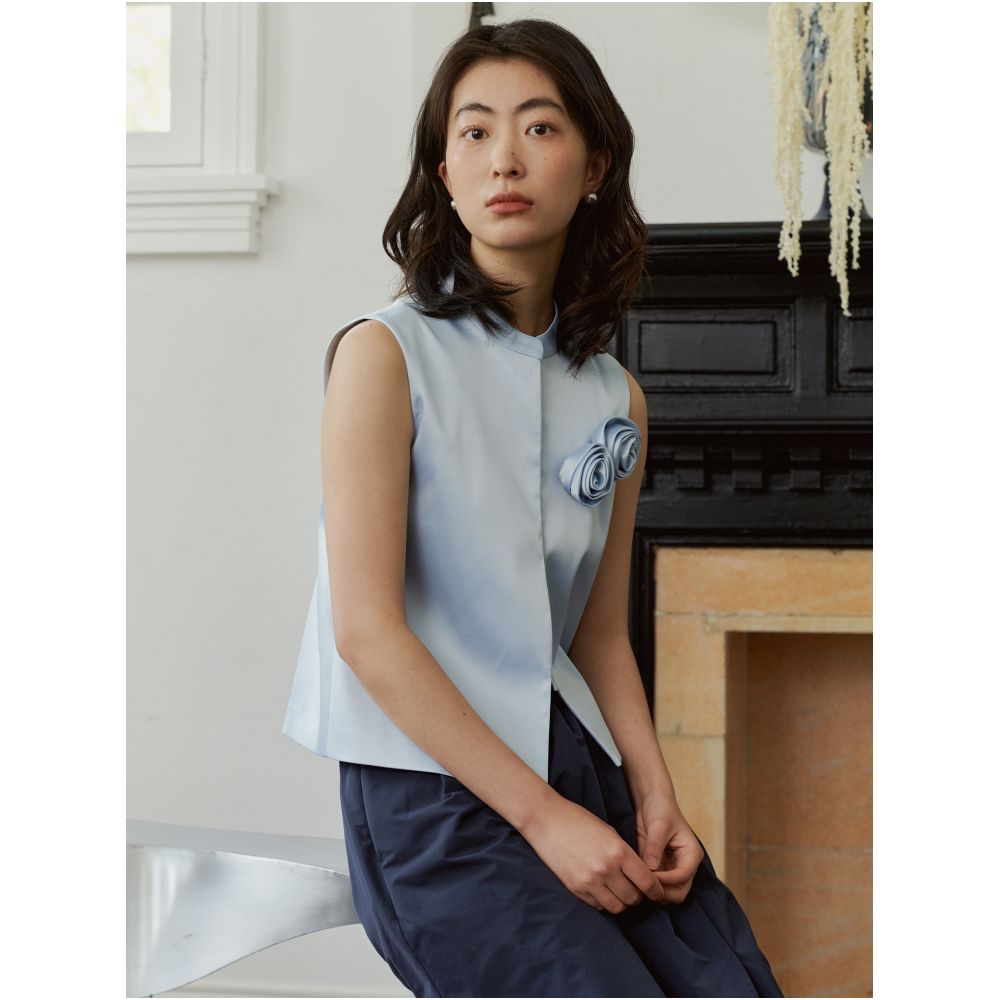 YUANYE handmade rose decoration original custom fabric blue new Chinese style standing collar vest spring and summer image 4