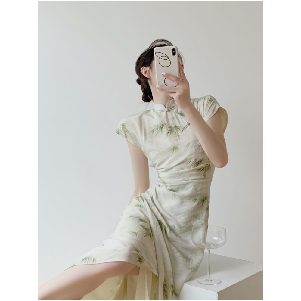 Srose Bamboo Noise Original New Chinese Retro Folding Short sleeved Cheongsam Skirt Improved Design Chinese Style Dress image 1