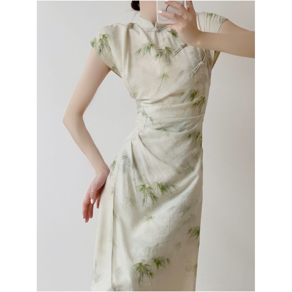 Srose Bamboo Noise Original New Chinese Retro Folding Short sleeved Cheongsam Skirt Improved Design Chinese Style Dress image 2