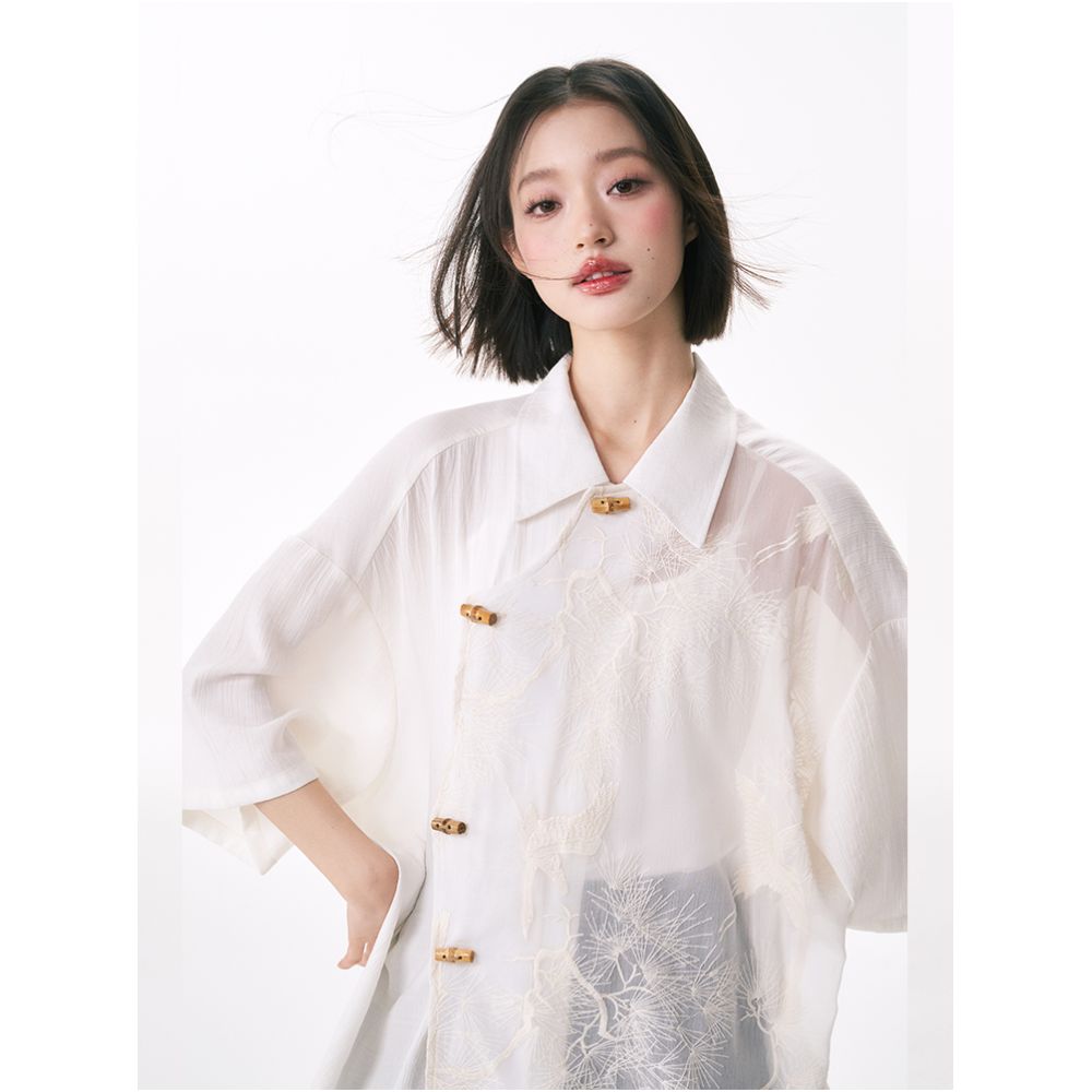 Yang Er s Dream Original New Chinese style Crane Embroidered Splicing Bamboo Buckle Shirt for Women with a Design Sense and a Niche Women s Shirt image 2