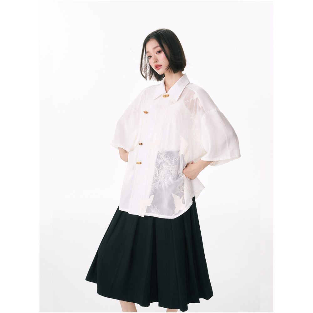 Yang Er s Dream Original New Chinese style Crane Embroidered Splicing Bamboo Buckle Shirt for Women with a Design Sense and a Niche Women s Shirt image 3