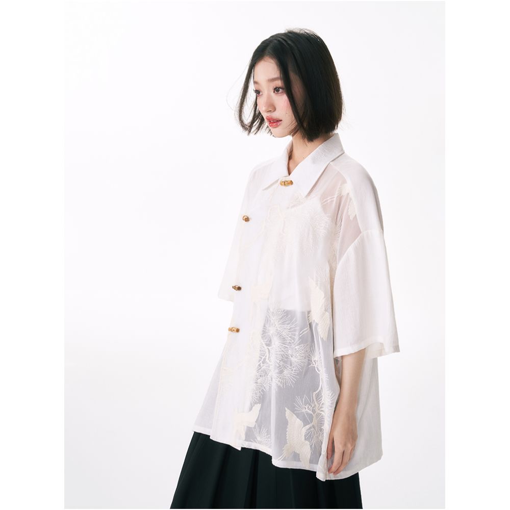Yang Er s Dream Original New Chinese style Crane Embroidered Splicing Bamboo Buckle Shirt for Women with a Design Sense and a Niche Women s Shirt image 4