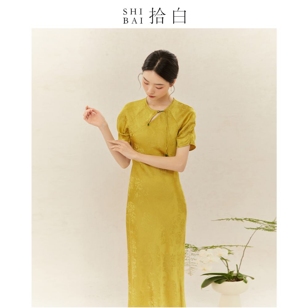 SHIBAI Shibai new Chinese style dress original national style women s elegant yellow skirt female tea service daily commuting image 6