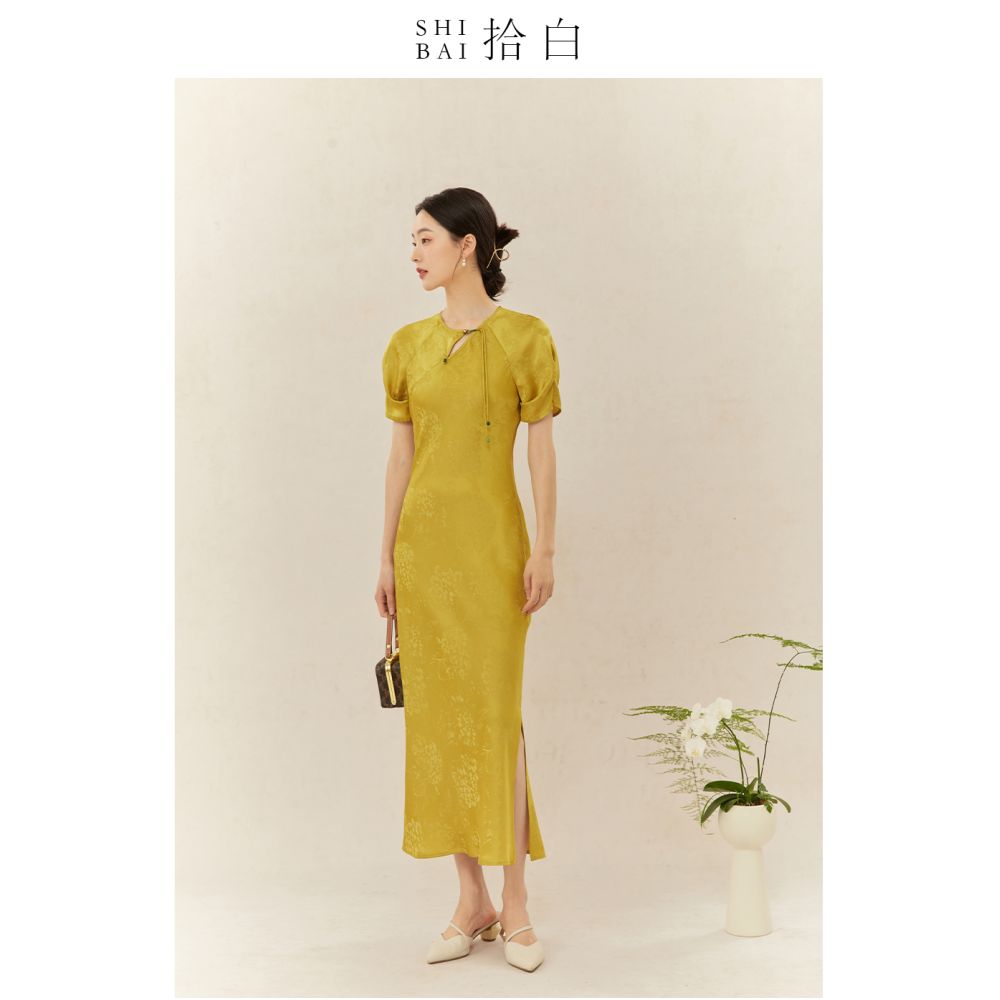 SHIBAI Shibai new Chinese style dress original national style women s elegant yellow skirt female tea service daily commuting image 20