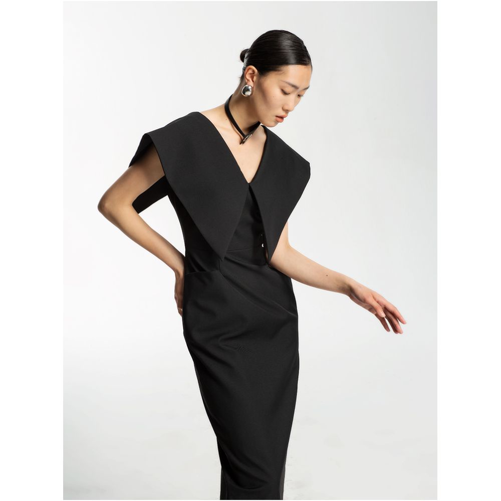 LEDIM WANG Celebrity Same Style Dress for Women 2023 Summer New V neck Slim Black Long Dress image 1
