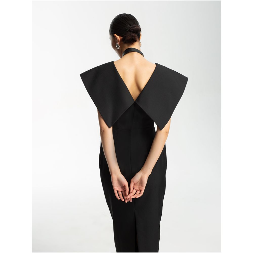 LEDIM WANG Celebrity Same Style Dress for Women 2023 Summer New V neck Slim Black Long Dress image 2