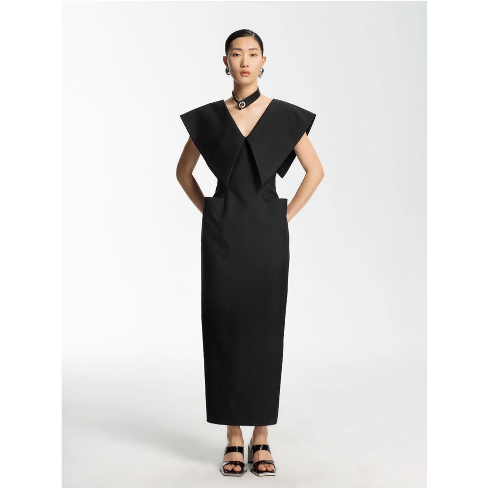 LEDIM WANG Celebrity Same Style Dress for Women 2023 Summer New V neck Slim Black Long Dress image 3