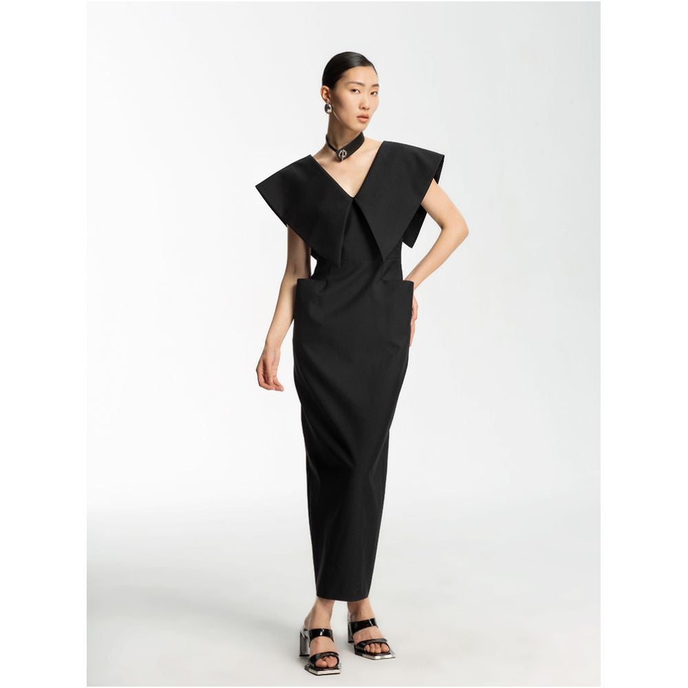 LEDIM WANG Celebrity Same Style Dress for Women 2023 Summer New V neck Slim Black Long Dress image 4