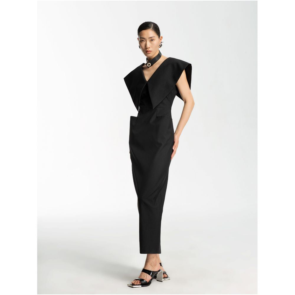 LEDIM WANG Celebrity Same Style Dress for Women 2023 Summer New V neck Slim Black Long Dress image 5