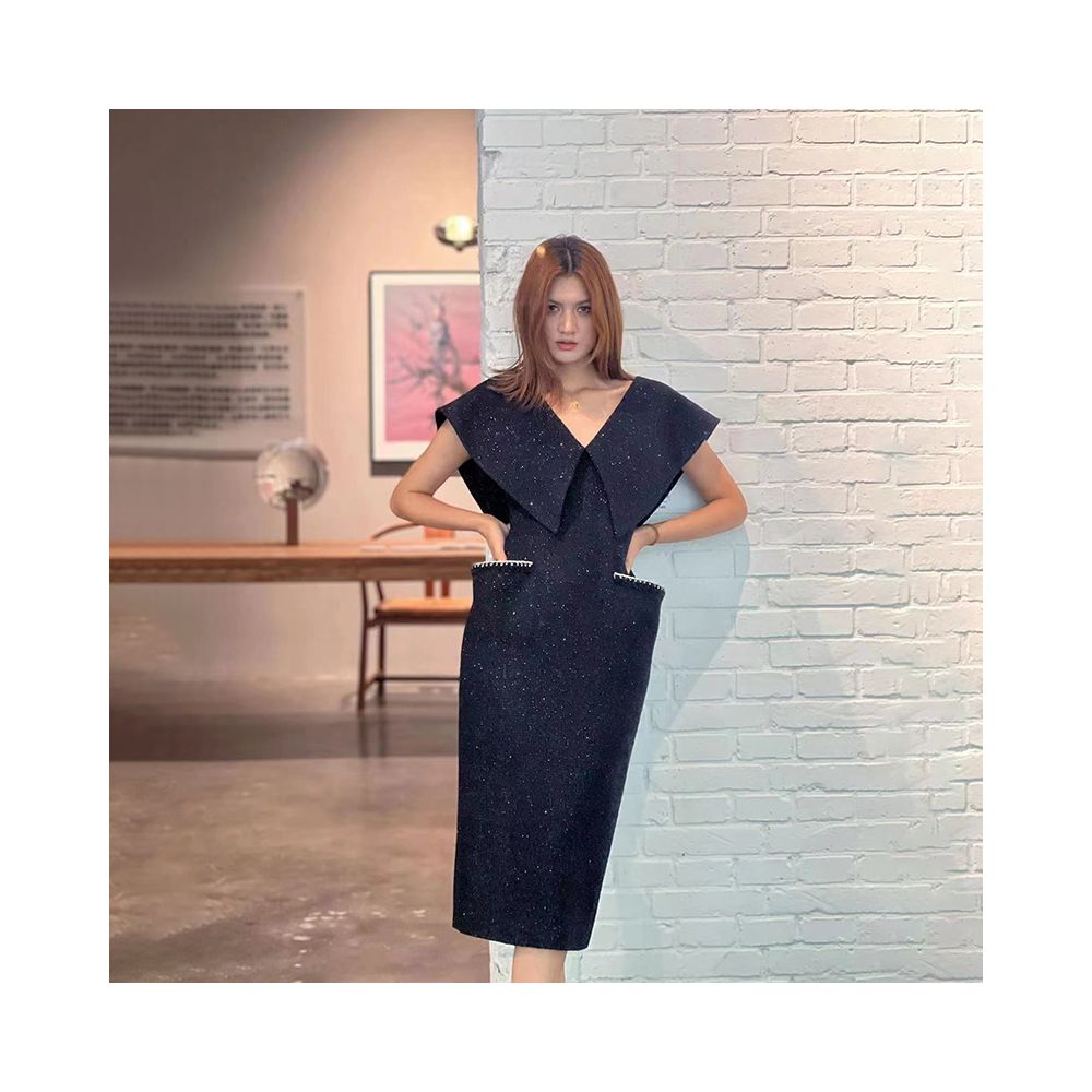 ASAYA2281 Huang Xiaolei's V-neck slim black long dress