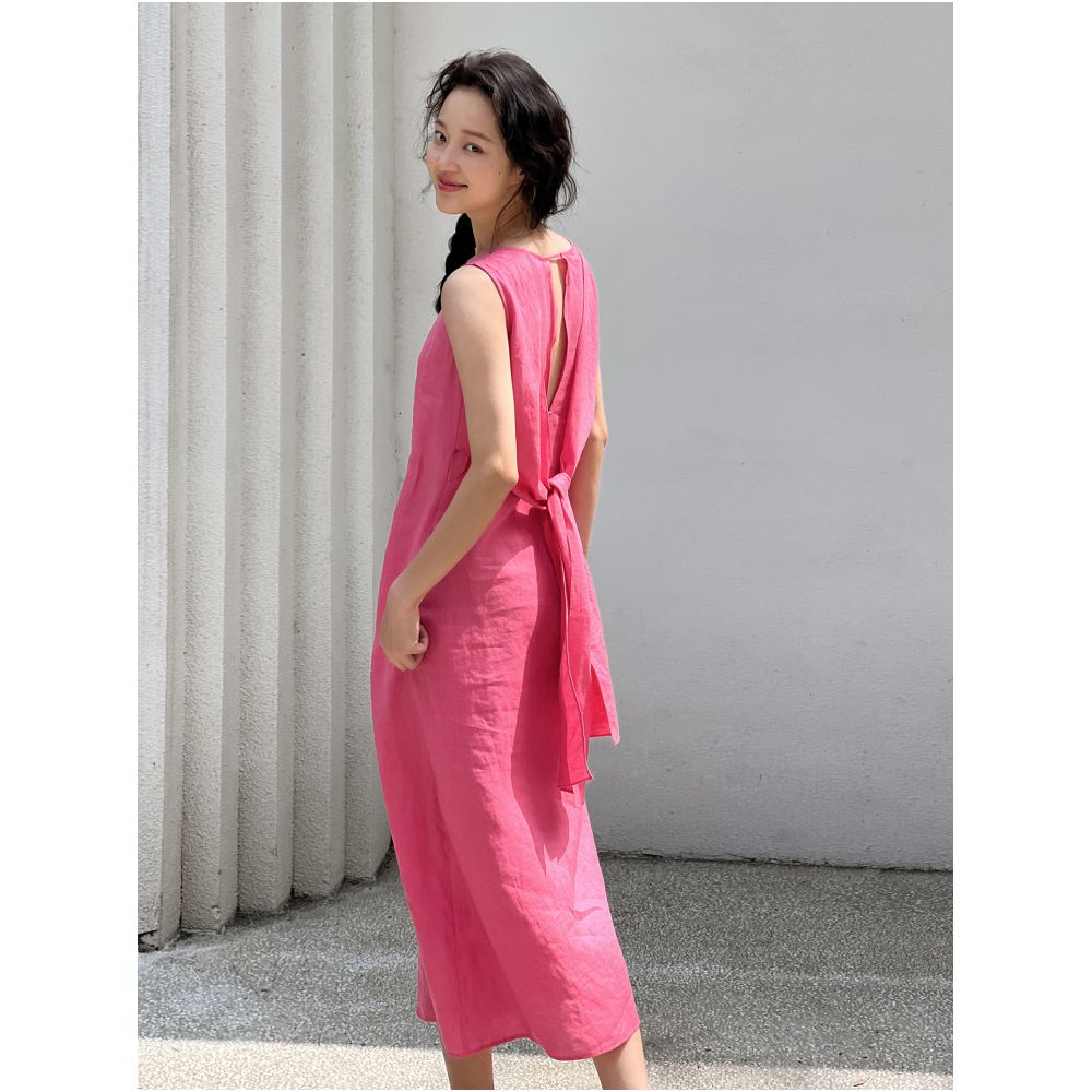 Bright and white rose pink 100 linen washed back tie skirt sleeveless dress summer image 1
