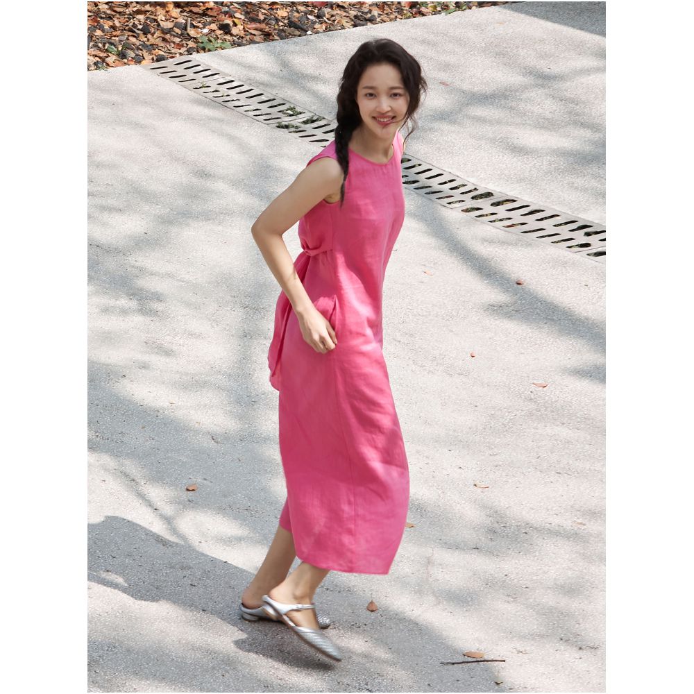 Bright and white rose pink 100 linen washed back tie skirt sleeveless dress summer image 2