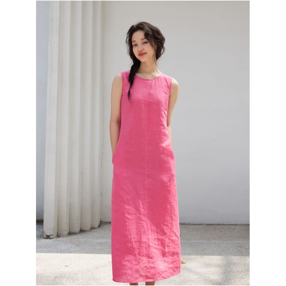 Bright and white rose pink 100 linen washed back tie skirt sleeveless dress summer image 5