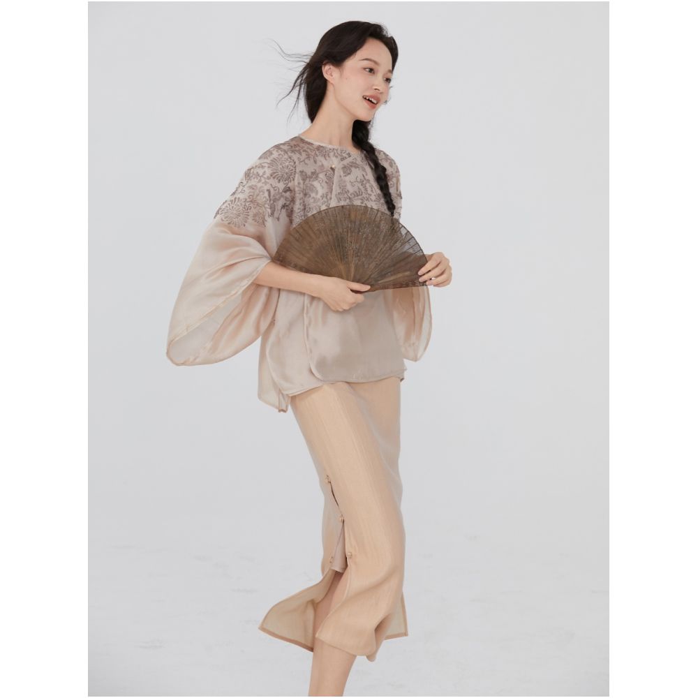 Embroidered chrysanthemum pattern New Chinese style tailoring pearlescent classic suit trumpet sleeve top skirt for women image 2