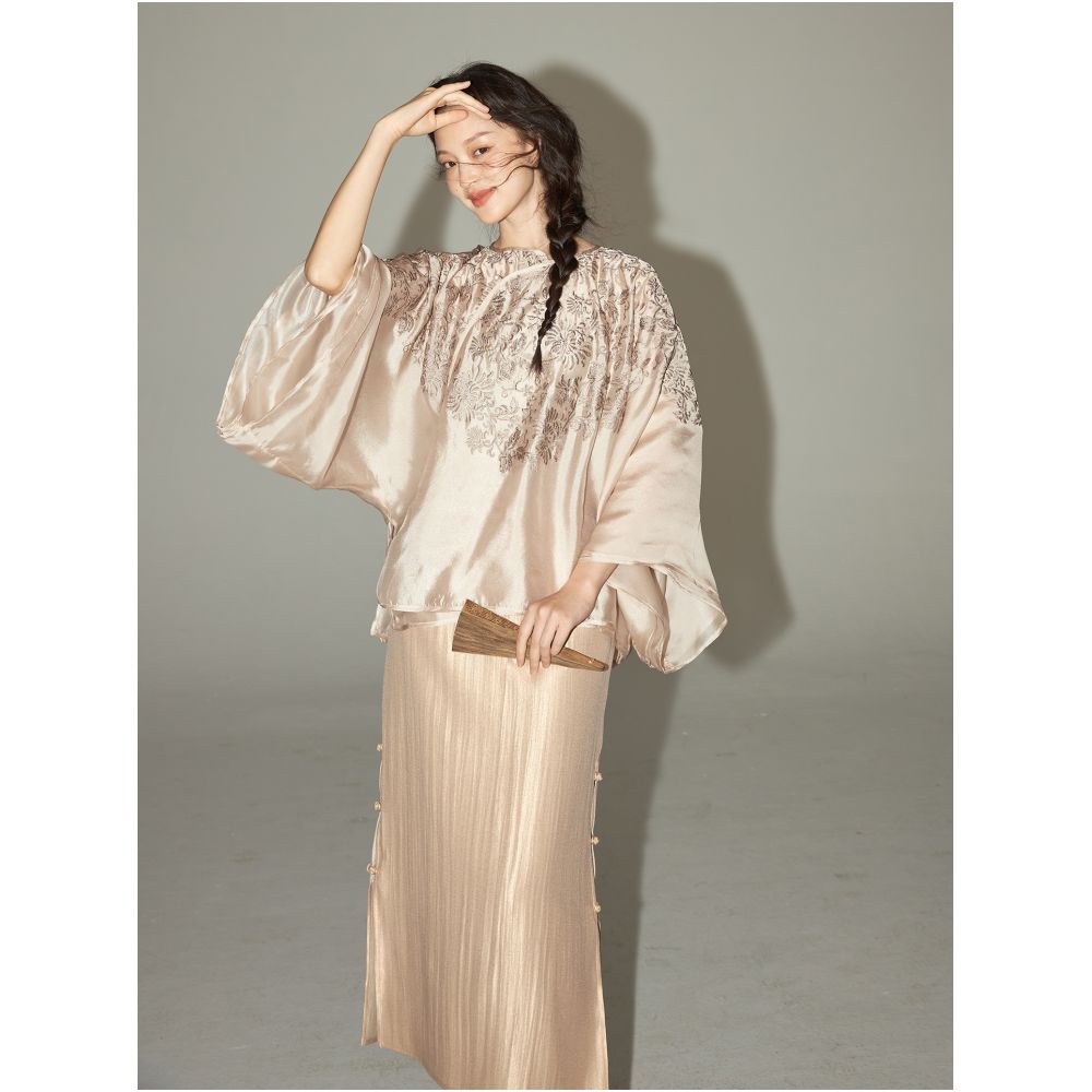 Embroidered chrysanthemum pattern New Chinese style tailoring pearlescent classic suit trumpet sleeve top skirt for women image 18