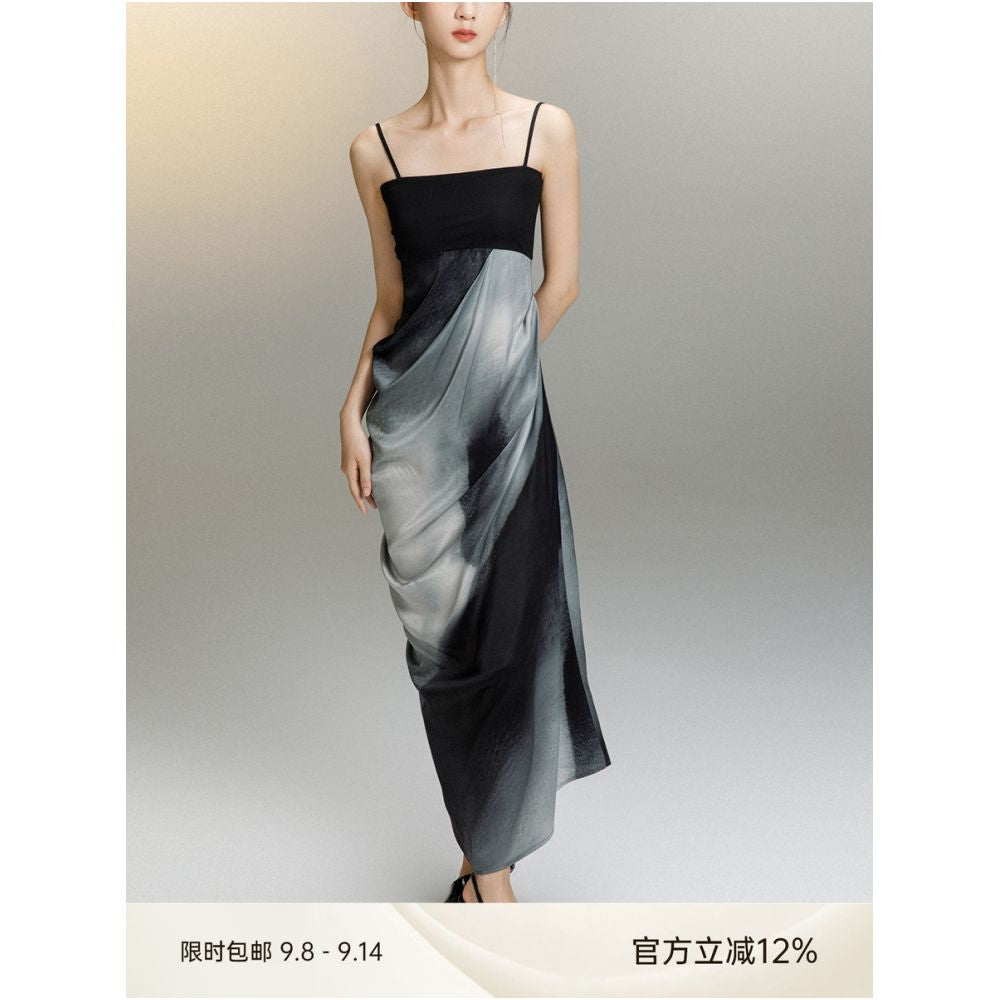 MURURMI Designer Brand Knitted Splicing Waist Hanging Ink Printed Strap Dress image 1