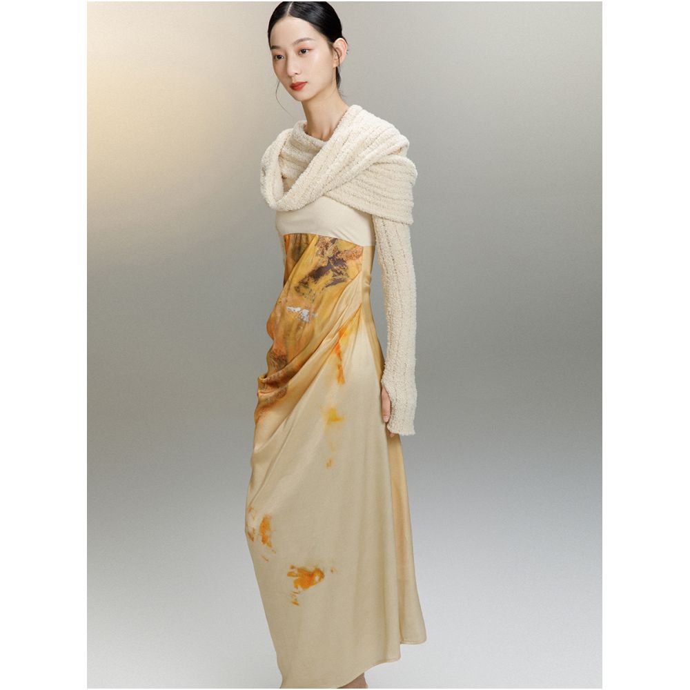 MURURMI Designer Brand Knitted Splicing Waist Hanging Ink Printed Strap Dress image 3