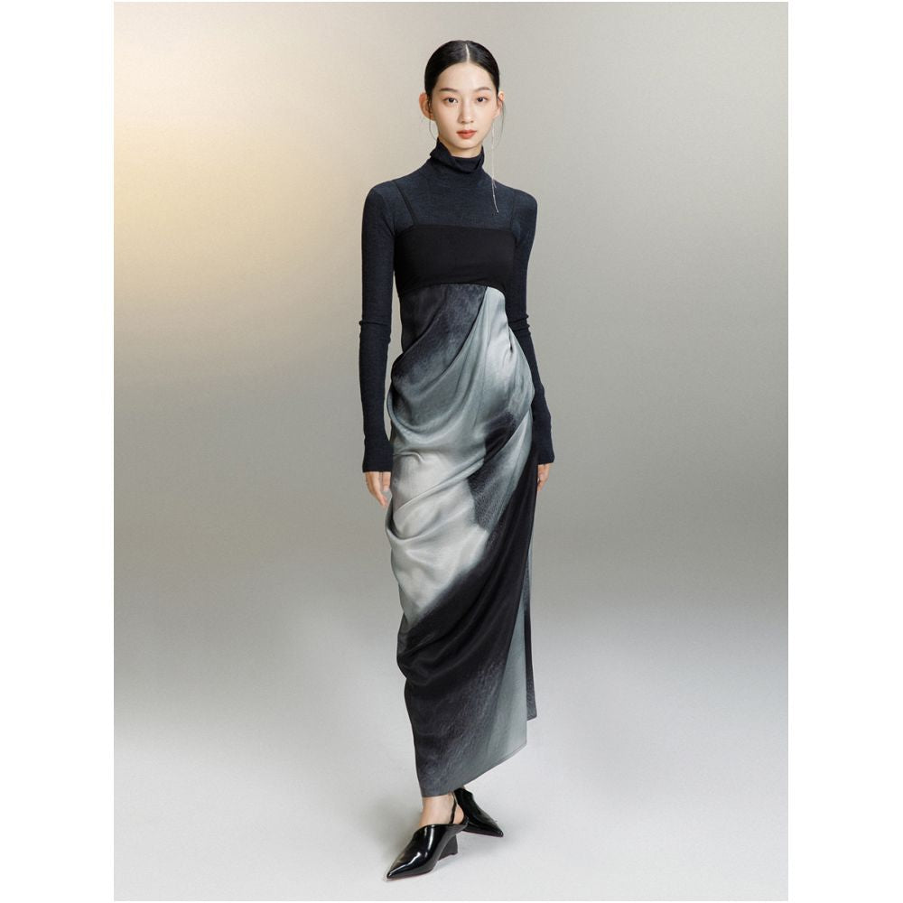 MURURMI Designer Brand Knitted Splicing Waist Hanging Ink Printed Strap Dress image 5