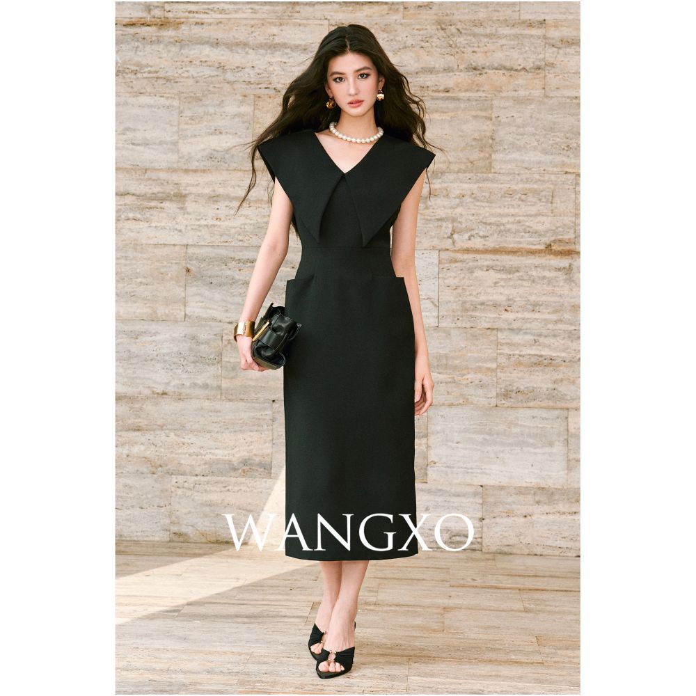 WANGXO Customized lightweight linen satin front and rear double V neck u0026large lapel waist cinched sleeveless Hepburn style dress image 1