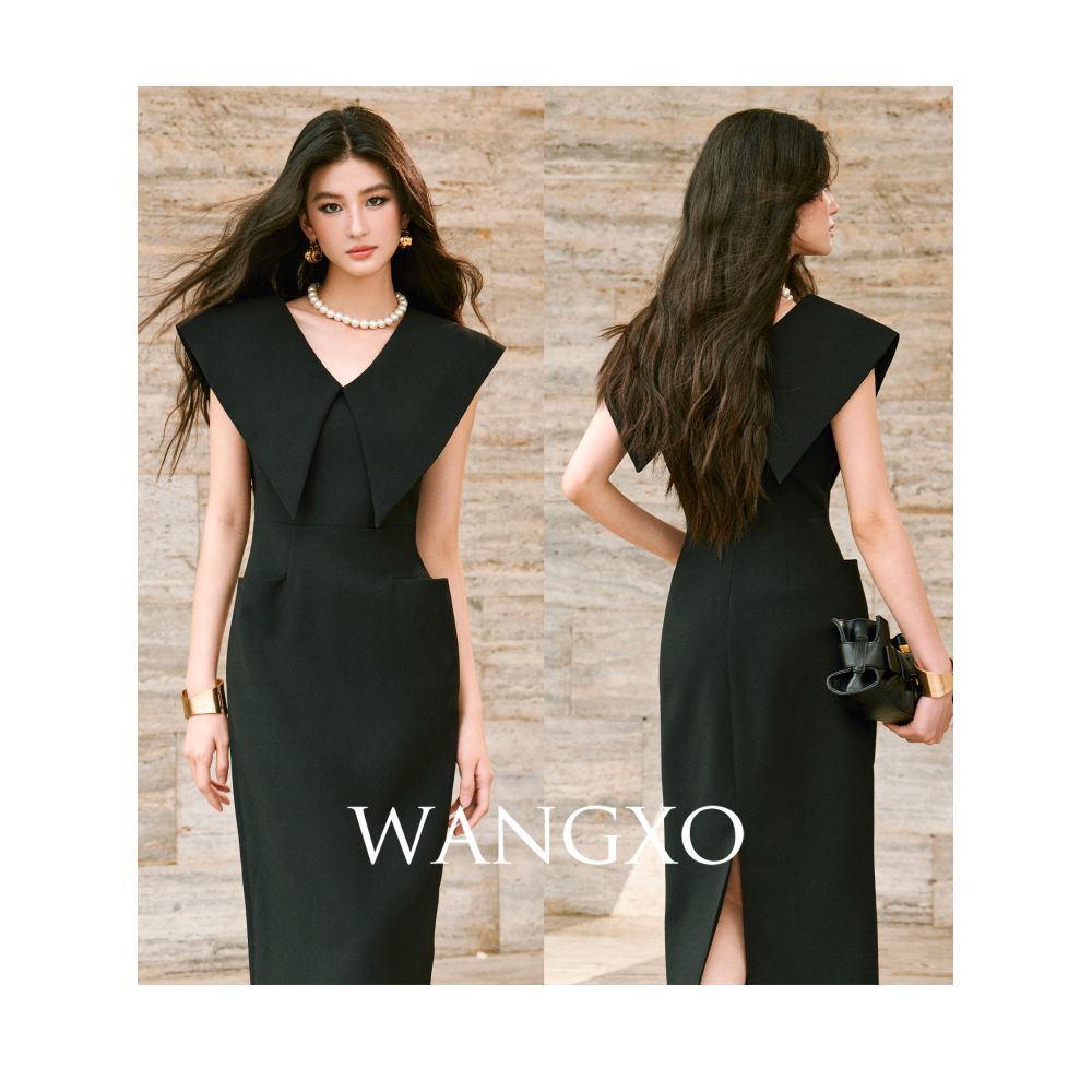 WANGXO Customized lightweight linen satin front and rear double V neck u0026large lapel waist cinched sleeveless Hepburn style dress image 3