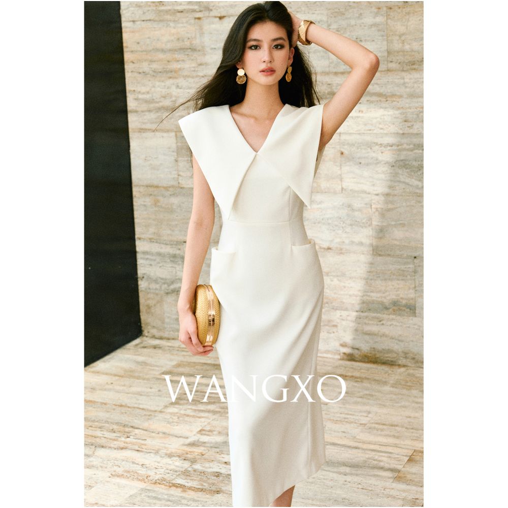 WANGXO Customized lightweight linen satin front and rear double V neck u0026large lapel waist cinched sleeveless Hepburn style dress image 5