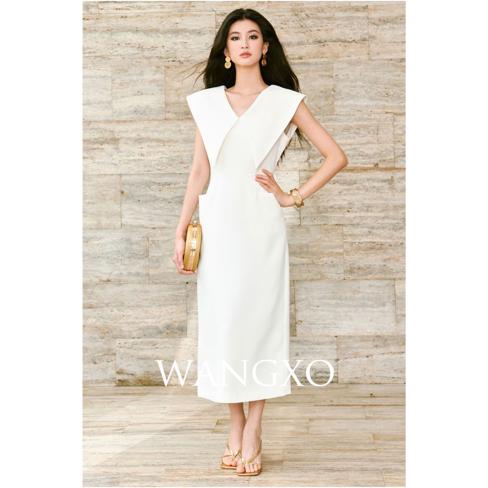 WANGXO Customized lightweight linen satin front and rear double V neck u0026large lapel waist cinched sleeveless Hepburn style dress image 13