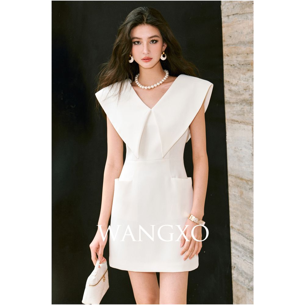 WANGXO Customized lightweight linen satin front and rear double V neck u0026large lapel waist cinched sleeveless Hepburn style dress image 20