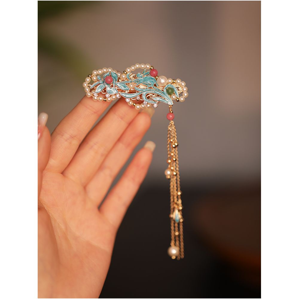 Side ear hair clip high end exquisite side tassel edge clip burned blue forehead hair accessory forehead and ear hair clip Chinese style headwear image 3