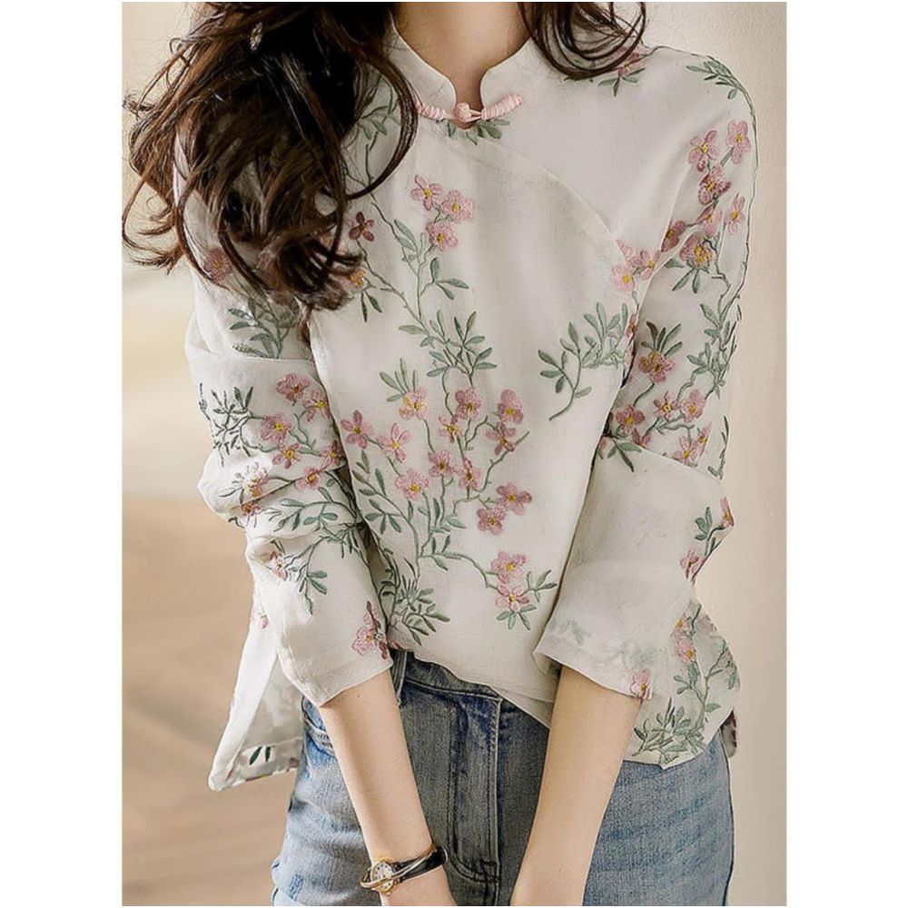 Chinese style improved cheongsam top women s spring and autumn Chinese style retro stand collar temperament buttoned cotton and linen printed long sleeved shirt image 1