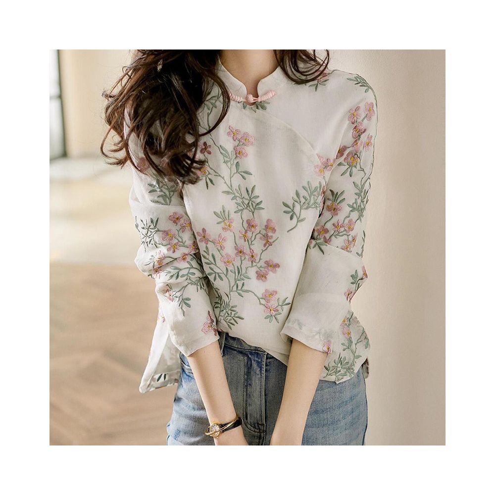 Chinese style improved cheongsam top women s spring and autumn Chinese style retro stand collar temperament buttoned cotton and linen printed long sleeved shirt image 2