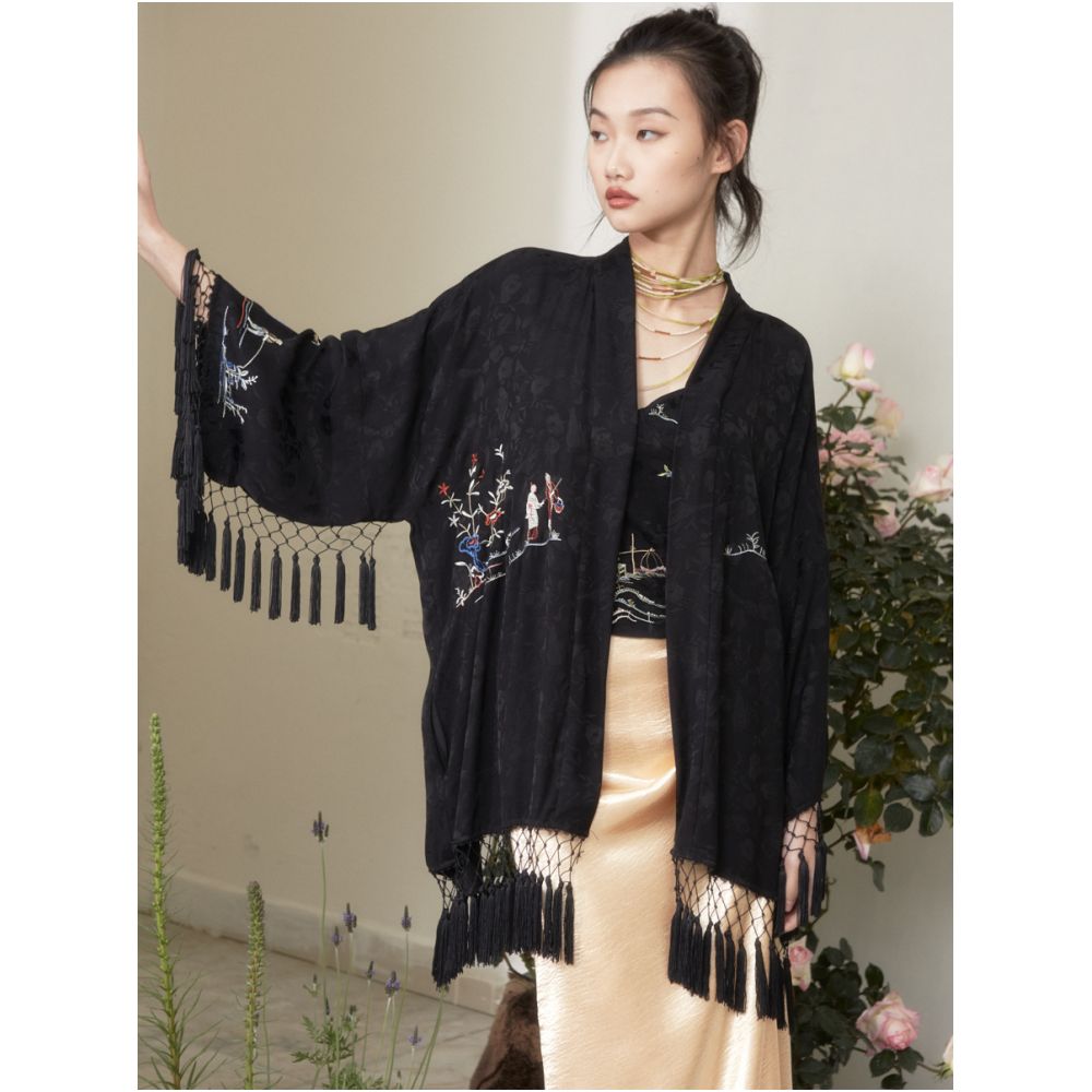 RIMLESS borderless garden scenery embroidered jacquard cardigan original niche design with tassel edge jacket image 1