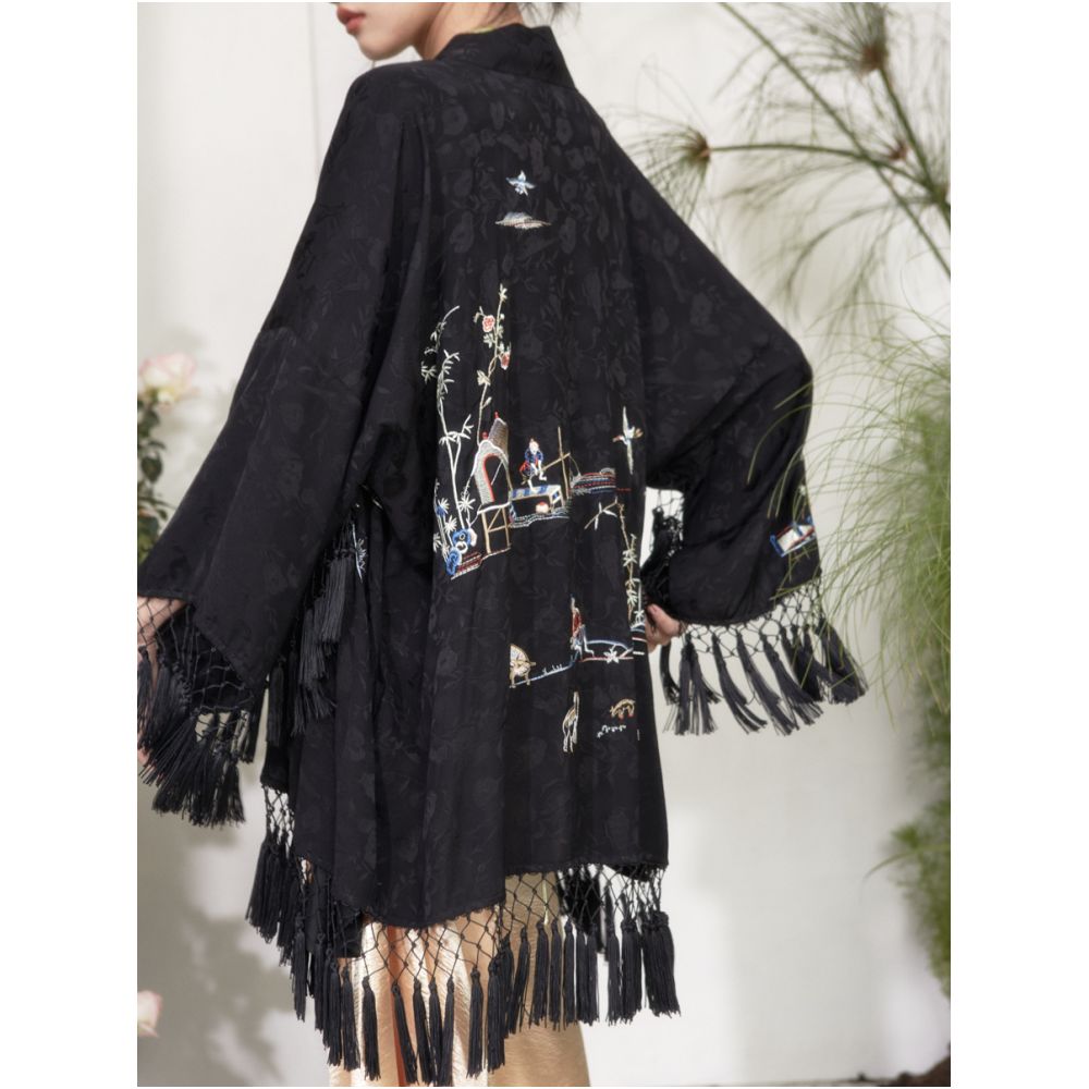 RIMLESS borderless garden scenery embroidered jacquard cardigan original niche design with tassel edge jacket image 2