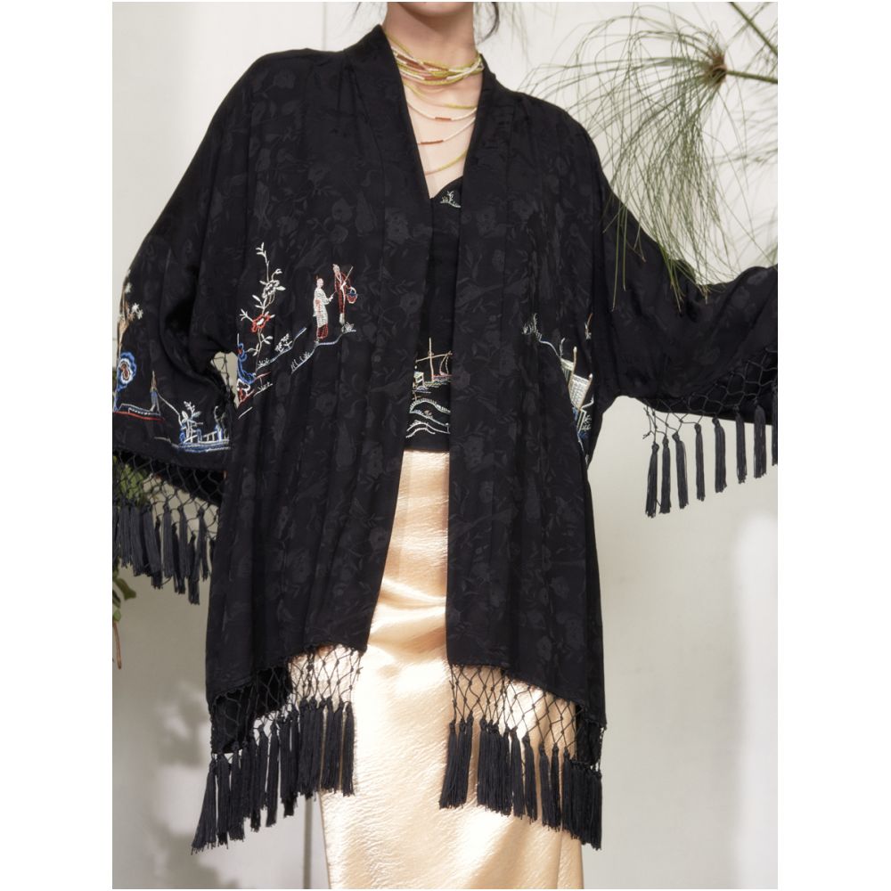 RIMLESS borderless garden scenery embroidered jacquard cardigan original niche design with tassel edge jacket image 4
