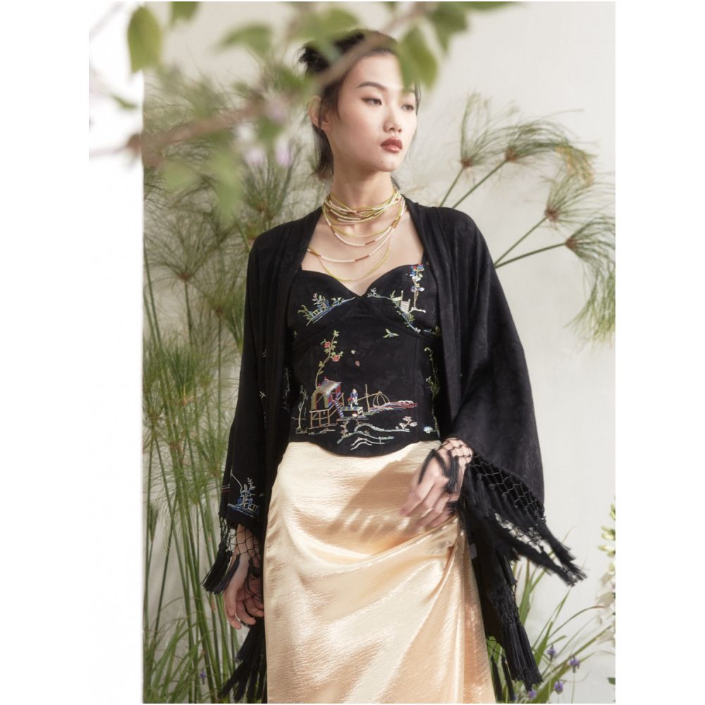 RIMLESS borderless garden scenery embroidered jacquard cardigan original niche design with tassel edge jacket image 5