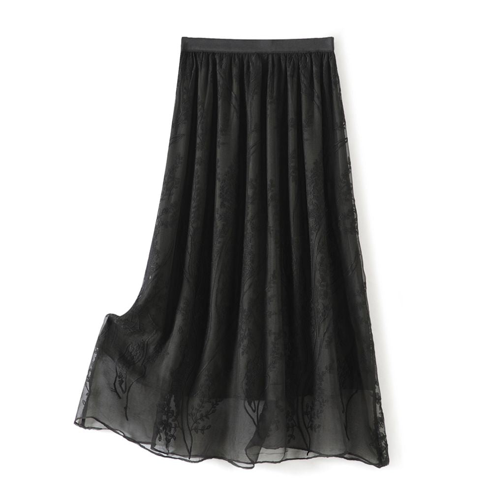 Black silk midi skirt for women in summer 2025 new heavy industry embroidery small medium and long mulberry silk A line skirt thin image 5