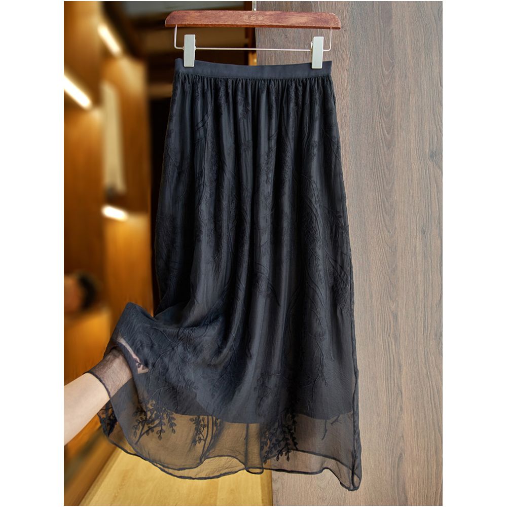 Black silk midi skirt for women in summer 2025 new heavy industry embroidery small medium and long mulberry silk A line skirt thin image 0