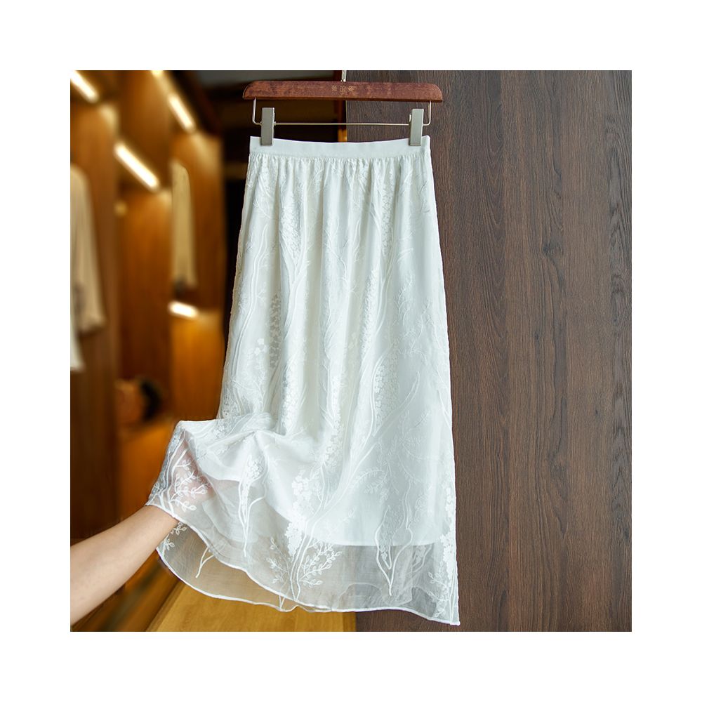 Black silk midi skirt for women in summer 2025 new heavy industry embroidery small medium and long mulberry silk A line skirt thin image 20