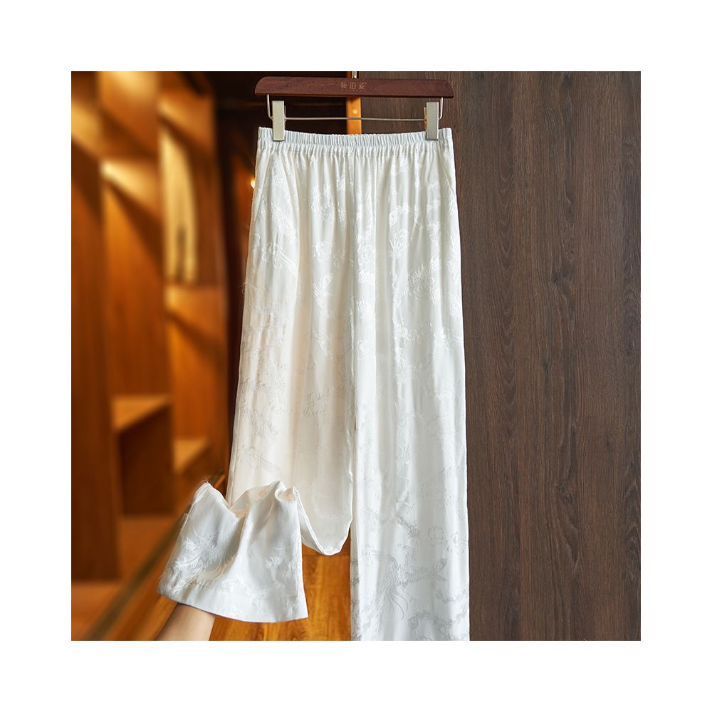 White loose silk casual pants for summer 2025 retro jacquard high waist hanging sensation mulberry silk wide leg pants for women image 7