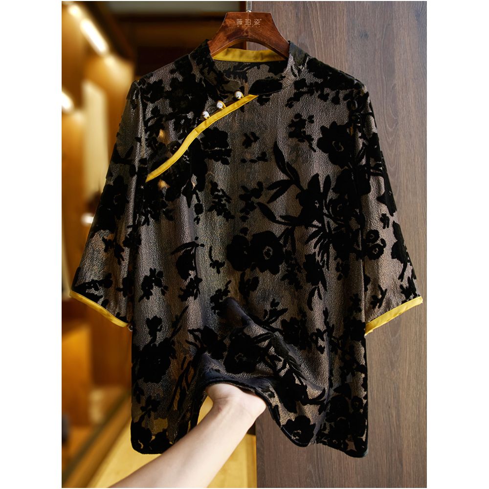 China Chic Heavyweight Silk Shirt Women s T shirt Summer New Chinese Guofeng Panbuckle Loose High end Silk Top image 17