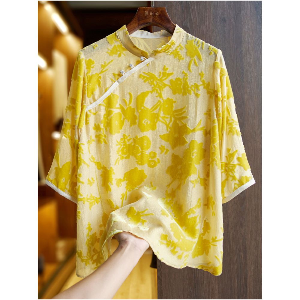China Chic Heavyweight Silk Shirt Women s T shirt Summer New Chinese Guofeng Panbuckle Loose High end Silk Top image 18