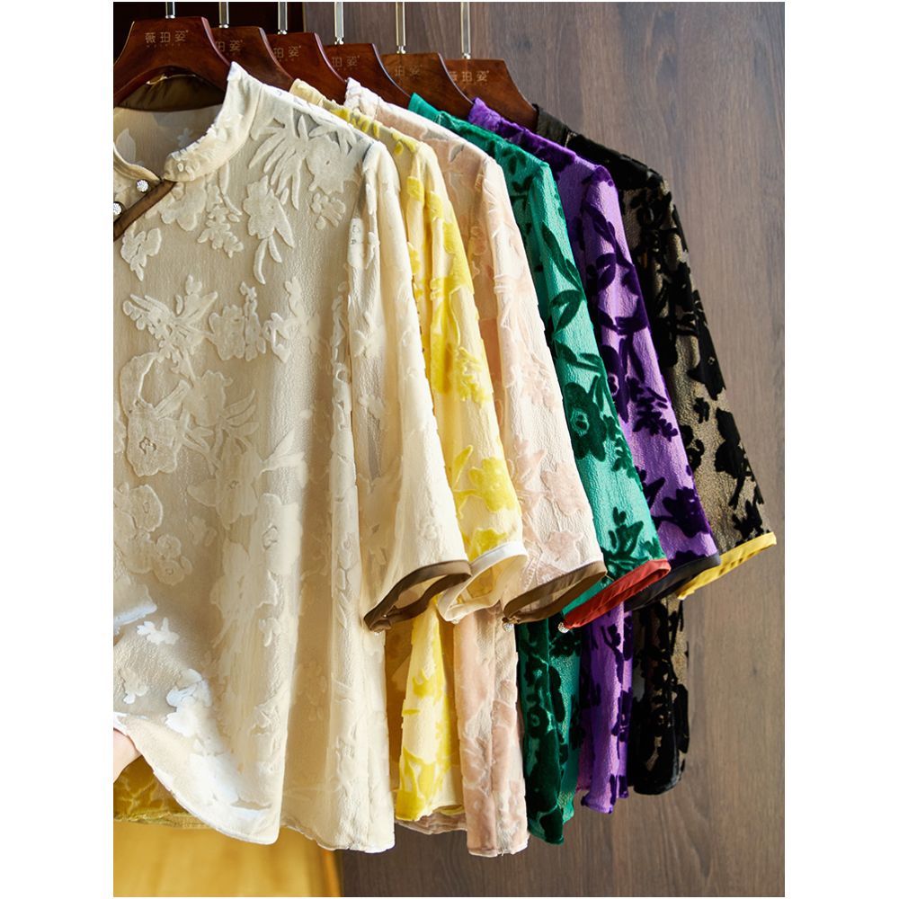 China Chic Heavyweight Silk Shirt Women s T shirt Summer New Chinese Guofeng Panbuckle Loose High end Silk Top image 19