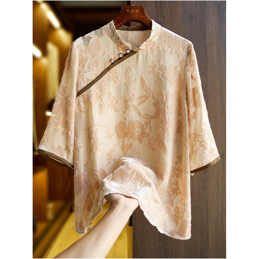 China Chic Heavyweight Silk Shirt Women s T shirt Summer New Chinese Guofeng Panbuckle Loose High end Silk Top image 0