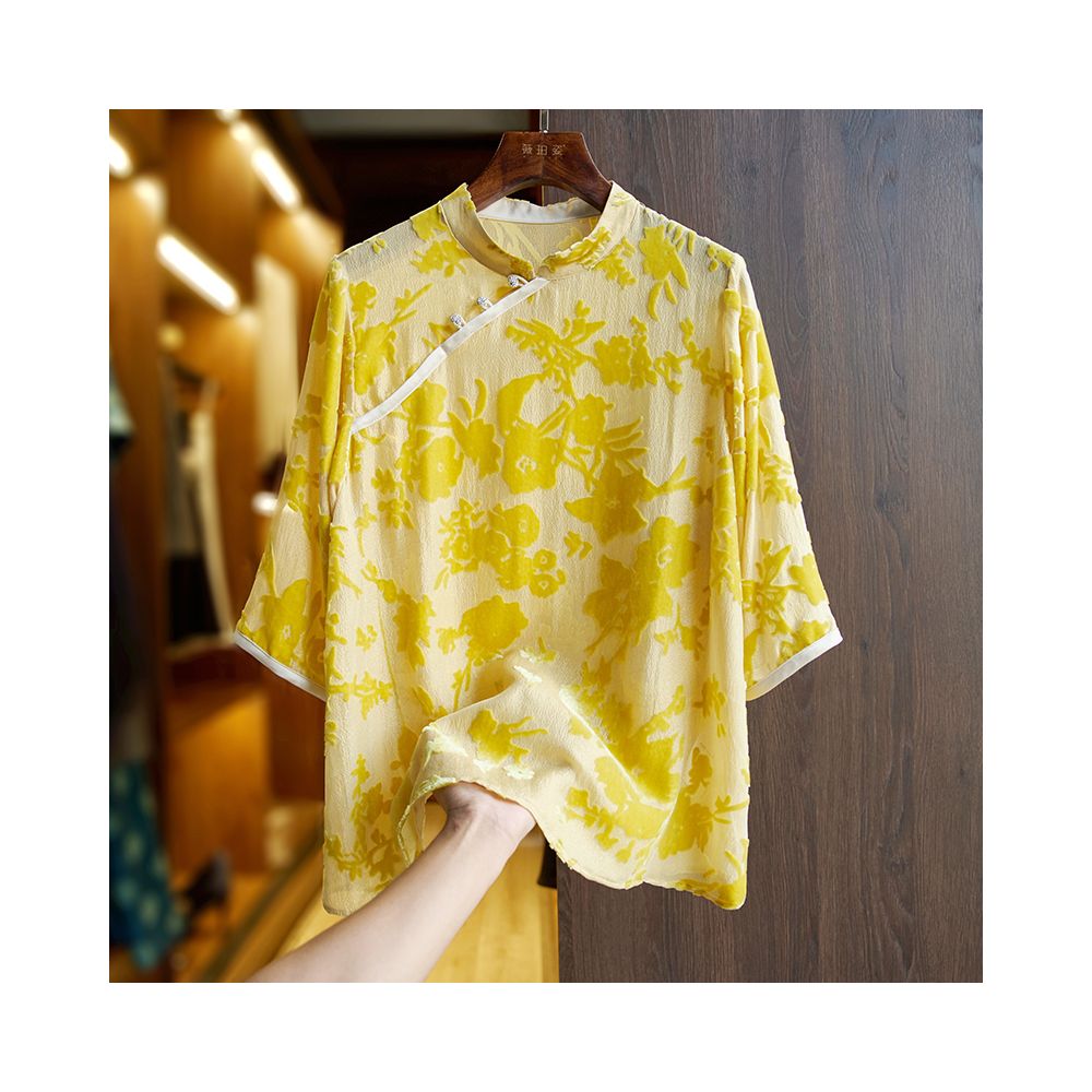 China Chic Heavyweight Silk Shirt Women s T shirt Summer New Chinese Guofeng Panbuckle Loose High end Silk Top image 29