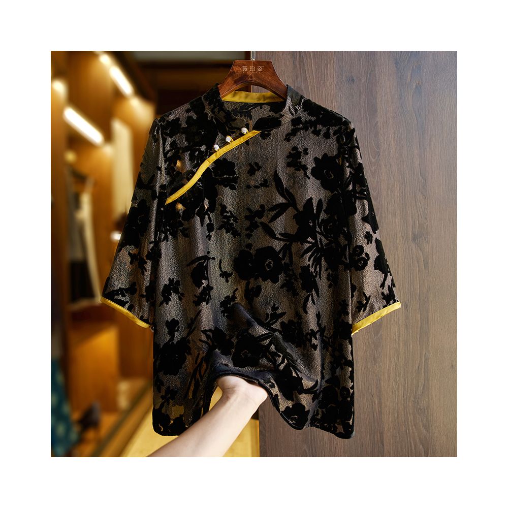 China Chic Heavyweight Silk Shirt Women s T shirt Summer New Chinese Guofeng Panbuckle Loose High end Silk Top image 8