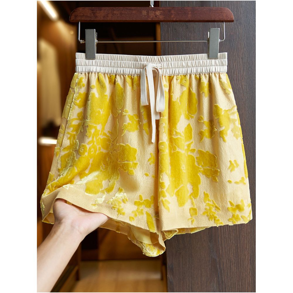Yellow silk shorts set for women 2024 summer new high end burnt mulberry silk high waist A line wide leg pants thin image 0