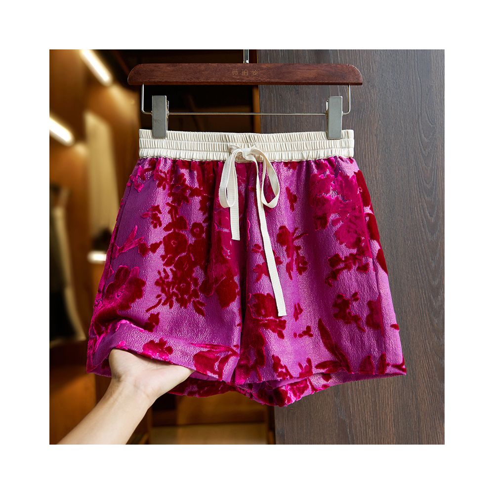 Yellow silk shorts set for women 2024 summer new high end burnt mulberry silk high waist A line wide leg pants thin image 49