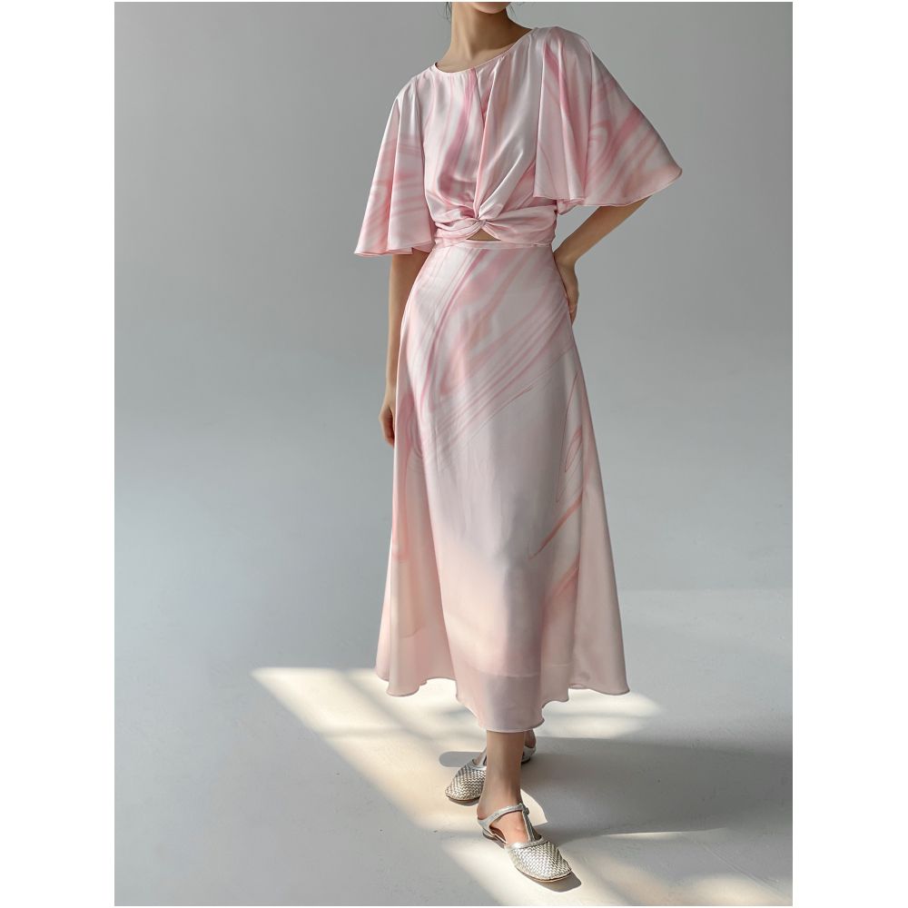 Marble pattern knot design three dimensional feeling lotus leaf sleeves elegant and lightweight loose fitting top women s summer umbrella skirt half skirt image 22